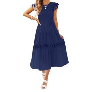 ZESICA Casual Lace Flutter Sleeve A Line Midi Or Maxi Dress Size Medium Blue